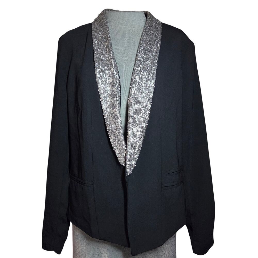 Black Sequin Embellished Open Front Blazer Jacket Size Large